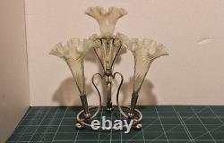 A+ Vintage Art Nouveau Epergne With 4 Vaseline Twisted Glass Flutes opalesent