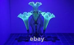 A+ Vintage Art Nouveau Epergne With 4 Vaseline Twisted Glass Flutes opalesent