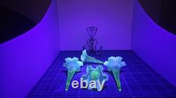 A+ Vintage Art Nouveau Epergne With 4 Vaseline Twisted Glass Flutes opalesent