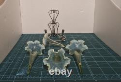 A+ Vintage Art Nouveau Epergne With 4 Vaseline Twisted Glass Flutes opalesent