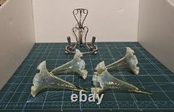 A+ Vintage Art Nouveau Epergne With 4 Vaseline Twisted Glass Flutes opalesent
