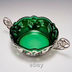 A WMF Art Nouveau Silver Plated Twin Handled Bowl with Green Glass Liner c1900