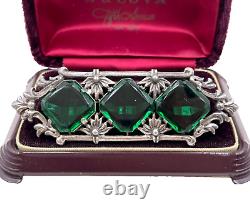 Abslt Gorgeous Art Deco Nouveau Antique Lrg Brooch 4 Green Faceted Glass Gemstn