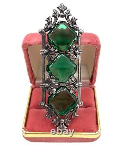 Abslt Gorgeous Art Deco Nouveau Antique Lrg Brooch 4 Green Faceted Glass Gemstn