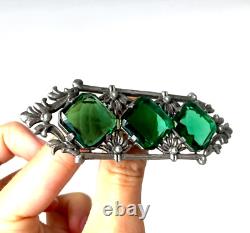 Abslt Gorgeous Art Deco Nouveau Antique Lrg Brooch 4 Green Faceted Glass Gemstn