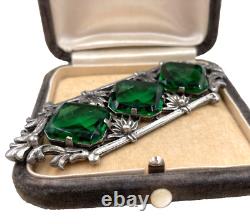Abslt Gorgeous Art Deco Nouveau Antique Lrg Brooch 4 Green Faceted Glass Gemstn