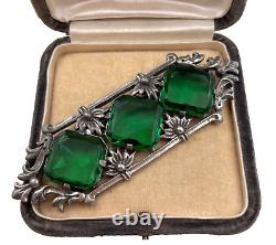 Abslt Gorgeous Art Deco Nouveau Antique Lrg Brooch 4 Green Faceted Glass Gemstn