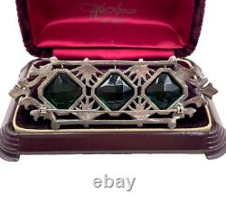 Abslt Gorgeous Art Deco Nouveau Antique Lrg Brooch 4 Green Faceted Glass Gemstn