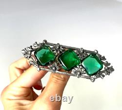 Abslt Gorgeous Art Deco Nouveau Antique Lrg Brooch 4 Green Faceted Glass Gemstn