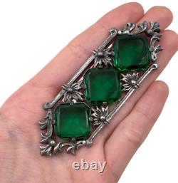 Abslt Gorgeous Art Deco Nouveau Antique Lrg Brooch 4 Green Faceted Glass Gemstn
