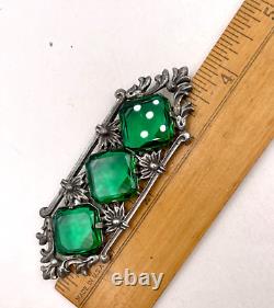 Abslt Gorgeous Art Deco Nouveau Antique Lrg Brooch 4 Green Faceted Glass Gemstn