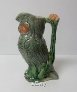 Adorable American Majolica Pottery 9.5 Owl Pitcher, c. 1880-1900