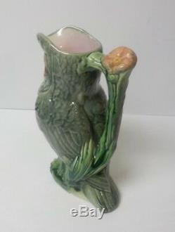 Adorable American Majolica Pottery 9.5 Owl Pitcher, c. 1880-1900