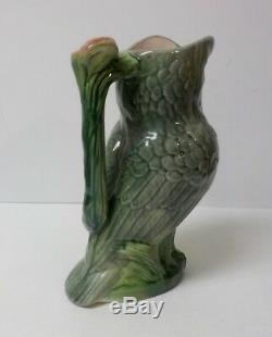 Adorable American Majolica Pottery 9.5 Owl Pitcher, c. 1880-1900