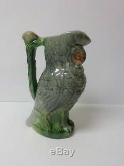 Adorable American Majolica Pottery 9.5 Owl Pitcher, c. 1880-1900