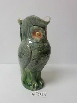 Adorable American Majolica Pottery 9.5 Owl Pitcher, c. 1880-1900