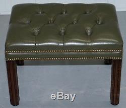 Aged Green Leather Chesterfield Mahogany Framed Footstool For Club Armchairs