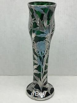 Alvin Emerald Green Glass. 999 Silver Overlay Vase G3378 Antique Art Nouveau