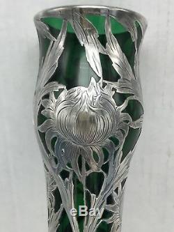 Alvin Emerald Green Glass. 999 Silver Overlay Vase G3378 Antique Art Nouveau