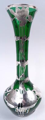 Alvin Glass G3486/1 Antique Art Nouveau American Green Glass Silver Overlay