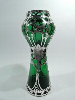 Alvin Vase 32147G Antique Art Nouveau American Green Glass Silver Overlay