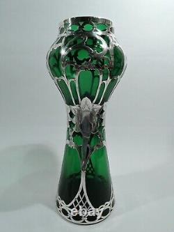 Alvin Vase 32147G Antique Art Nouveau American Green Glass Silver Overlay