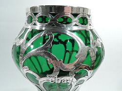 Alvin Vase 32147G Antique Art Nouveau American Green Glass Silver Overlay