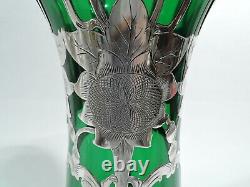 Alvin Vase 32147G Antique Art Nouveau American Green Glass Silver Overlay