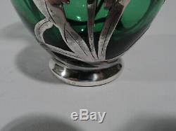 Alvin Vase 32166G Antique Art Nouveau American Green Glass Silver Overlay