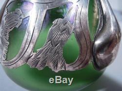 Alvin Vase 3418 Art Nouveau American Iridescent Green Glass Silver Overlay
