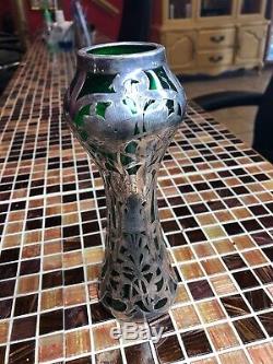 Alvin Vase Antique Art Nouveau American Emerald Green Glass & Silver Overlay