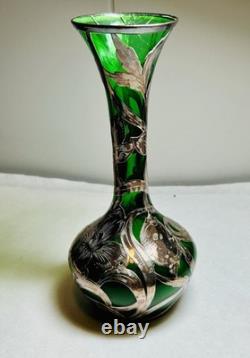 Alvin Vase Antique Art Nouveau American Silver Overlay Green Glass-8