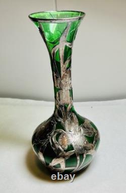 Alvin Vase Antique Art Nouveau American Silver Overlay Green Glass-8