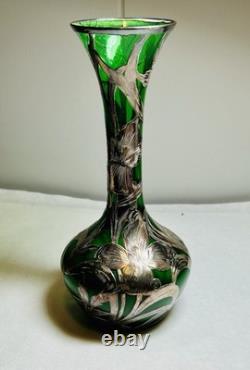 Alvin Vase Antique Art Nouveau American Silver Overlay Green Glass-8