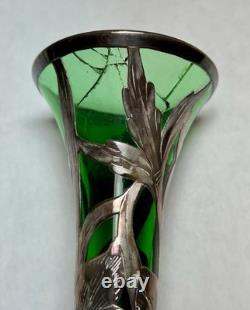 Alvin Vase Antique Art Nouveau American Silver Overlay Green Glass-8