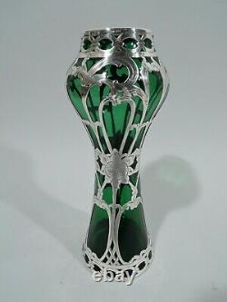 Alvin Vase G321117 Antique Art Nouveau American Green Glass Silver Overlay