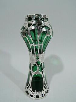 Alvin Vase G321117 Antique Art Nouveau American Green Glass Silver Overlay