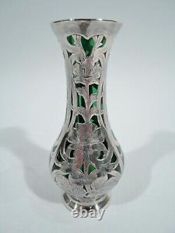 Alvin Vase G3215/3 Antique Art Nouveau American Green Glass Silver Overlay