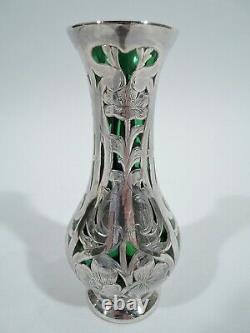 Alvin Vase G3215/3 Antique Art Nouveau American Green Glass Silver Overlay