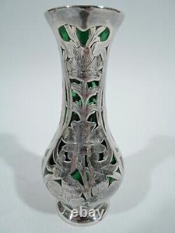 Alvin Vase G3215/3 Antique Art Nouveau American Green Glass Silver Overlay