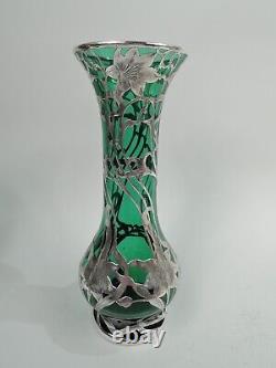 Alvin Vase G3219/6 Antique Art Nouveau Tall American Green Glass Silver Overlay