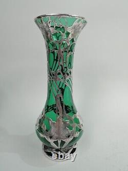 Alvin Vase G3219/6 Antique Art Nouveau Tall American Green Glass Silver Overlay