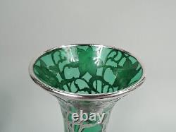 Alvin Vase G3219/6 Antique Art Nouveau Tall American Green Glass Silver Overlay