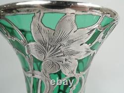 Alvin Vase G3219/6 Antique Art Nouveau Tall American Green Glass Silver Overlay