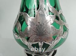 Alvin Vase G3219/6 Antique Art Nouveau Tall American Green Glass Silver Overlay