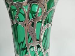 Alvin Vase G3219/6 Antique Art Nouveau Tall American Green Glass Silver Overlay