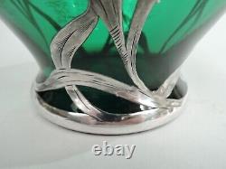 Alvin Vase G3219/6 Antique Art Nouveau Tall American Green Glass Silver Overlay