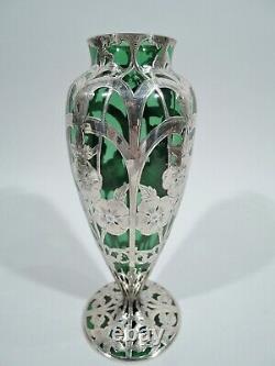 Alvin Vase G3233 Antique Art Nouveau American Green Glass Silver Overlay