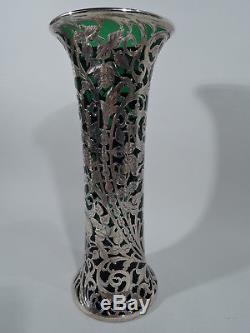 Alvin Vase G3329 Antique Tall American Emerald Green Glass Silver Overlay