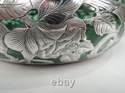 Alvin Vase G3349 Antique Art Nouveau American Green Glass Silver Overlay